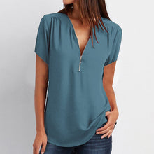 Load image into Gallery viewer, Fashion V-neck Zipper Short Sleeve Womens Blouses And Tops Woman 2019 Summer Plus Size 4xl 5xl Chiffon Casual Shirts Ladies Tops