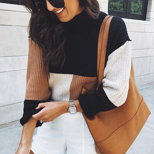Fashion Women Casual Long Sleeve Knitted Sweater Pullover Loose Jumper Tops Knitwear Winter Color Patchwork O-neck Sweaters Hot