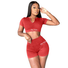 Load image into Gallery viewer, Fashion Women Hey Baby Letter Embroidery 2 Two Piece Sets Short Sleeve Ribbed Zipper Crop Top Biker Shorts Casual Tracksuits
