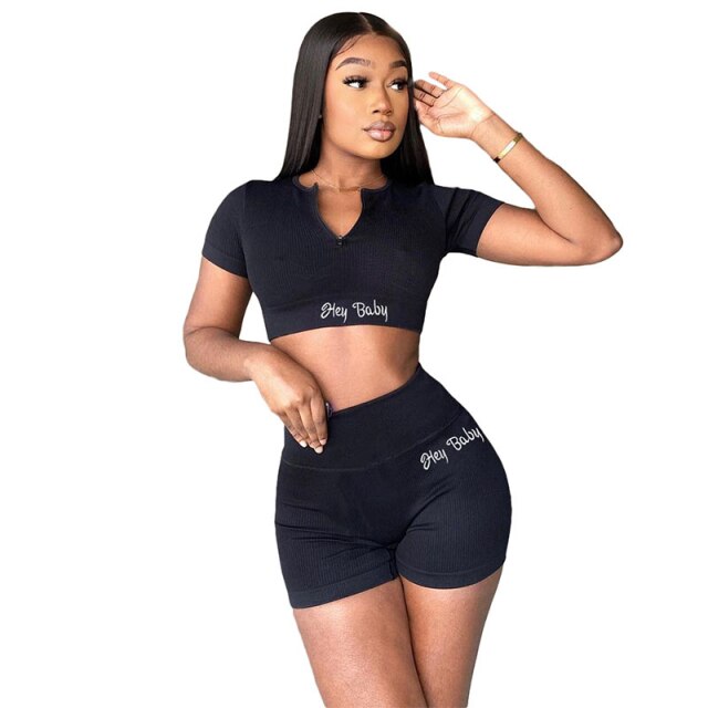 Fashion Women Hey Baby Letter Embroidery 2 Two Piece Sets Short Sleeve Ribbed Zipper Crop Top Biker Shorts Casual Tracksuits