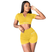 Load image into Gallery viewer, Fashion Women Hey Baby Letter Embroidery 2 Two Piece Sets Short Sleeve Ribbed Zipper Crop Top Biker Shorts Casual Tracksuits