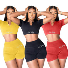 Load image into Gallery viewer, Fashion Women Hey Baby Letter Embroidery 2 Two Piece Sets Short Sleeve Ribbed Zipper Crop Top Biker Shorts Casual Tracksuits
