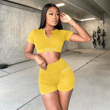Load image into Gallery viewer, Fashion Women Hey Baby Letter Embroidery 2 Two Piece Sets Short Sleeve Ribbed Zipper Crop Top Biker Shorts Casual Tracksuits