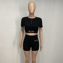 Load image into Gallery viewer, Fashion Women Hey Baby Letter Embroidery 2 Two Piece Sets Short Sleeve Ribbed Zipper Crop Top Biker Shorts Casual Tracksuits