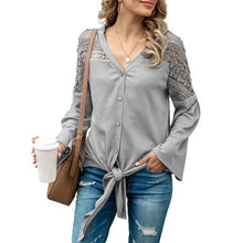 Load image into Gallery viewer, Fashion Women Knit Cardigan T-Shirts Waffle Hollow Out Shirt with Tie Knot Flare Sleeve V-Neck Casual Mujer Chic Tops Autumn