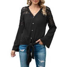 Load image into Gallery viewer, Fashion Women Knit Cardigan T-Shirts Waffle Hollow Out Shirt with Tie Knot Flare Sleeve V-Neck Casual Mujer Chic Tops Autumn