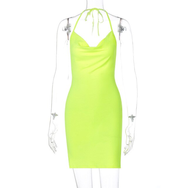 Fashion Women Summer Dress Bodycon Female Elegant Mini Dress Woman Satin Sexy Party Robe Backless Halter Straps Evening Vestidos