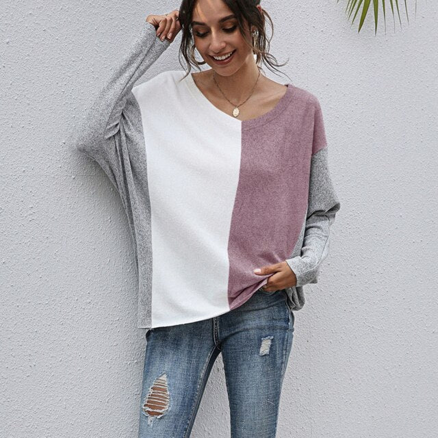 Fashion Women T-shirt Stitching Long Sleeve Shirt 2021 Spring Autumn Casual Tops Lady 2XL Comfy Splicing T-shirt V Neck Shirts
