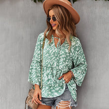 Load image into Gallery viewer, Fashion Women&#39;s Printed Loose Blouse 2021 Long Sleeve Shirt Office Lady Lace-Up V Neck Ruffle Stitching Irregular Elegant Shirts