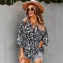 Load image into Gallery viewer, Fashion Women&#39;s Printed Loose Blouse 2021 Long Sleeve Shirt Office Lady Lace-Up V Neck Ruffle Stitching Irregular Elegant Shirts