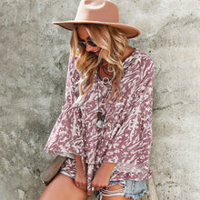 Load image into Gallery viewer, Fashion Women&#39;s Printed Loose Blouse 2021 Long Sleeve Shirt Office Lady Lace-Up V Neck Ruffle Stitching Irregular Elegant Shirts