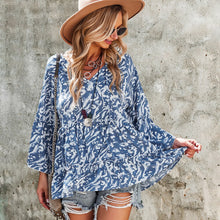 Load image into Gallery viewer, Fashion Women&#39;s Printed Loose Blouse 2021 Long Sleeve Shirt Office Lady Lace-Up V Neck Ruffle Stitching Irregular Elegant Shirts