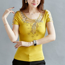 Load image into Gallery viewer, Fashion casual short sleeve women t-shirt Elegant slim Diamonds Embroidered Women tops mesh plus size summer t shirt women shirt