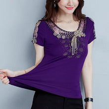 Load image into Gallery viewer, Fashion casual short sleeve women t-shirt Elegant slim Diamonds Embroidered Women tops mesh plus size summer t shirt women shirt