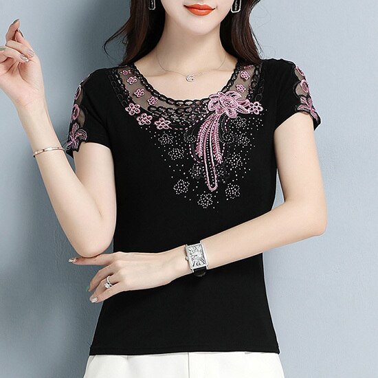 Fashion casual short sleeve women t-shirt Elegant slim Diamonds Embroidered Women tops mesh plus size summer t shirt women shirt