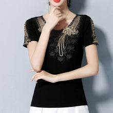 Load image into Gallery viewer, Fashion casual short sleeve women t-shirt Elegant slim Diamonds Embroidered Women tops mesh plus size summer t shirt women shirt