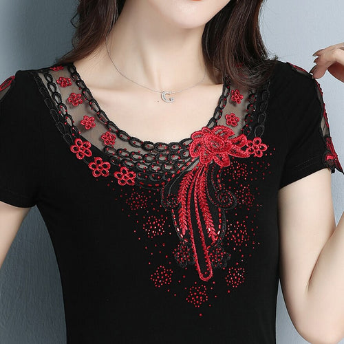Fashion casual short sleeve women t-shirt Elegant slim Diamonds Embroidered Women tops mesh plus size summer t shirt women shirt