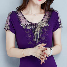 Load image into Gallery viewer, Fashion casual short sleeve women t-shirt Elegant slim Diamonds Embroidered Women tops mesh plus size summer t shirt women shirt