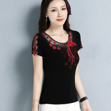 Load image into Gallery viewer, Fashion casual short sleeve women t-shirt Elegant slim Diamonds Embroidered Women tops mesh plus size summer t shirt women shirt