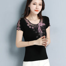 Load image into Gallery viewer, Fashion casual short sleeve women t-shirt Elegant slim Diamonds Embroidered Women tops mesh plus size summer t shirt women shirt