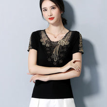 Load image into Gallery viewer, Fashion casual short sleeve women t-shirt Elegant slim Diamonds Embroidered Women tops mesh plus size summer t shirt women shirt