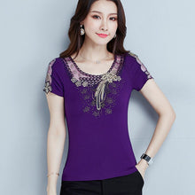 Load image into Gallery viewer, Fashion casual short sleeve women t-shirt Elegant slim Diamonds Embroidered Women tops mesh plus size summer t shirt women shirt
