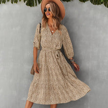 Load image into Gallery viewer, Fashionable Women&#39;s Dress 2021 Waist Slim Fall Winter Big Swing Floral Print Dress Office Lady V Neck Long Dress With Belt Femme