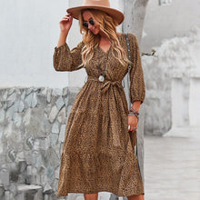 Load image into Gallery viewer, Fashionable Women&#39;s Dress 2021 Waist Slim Fall Winter Big Swing Floral Print Dress Office Lady V Neck Long Dress With Belt Femme