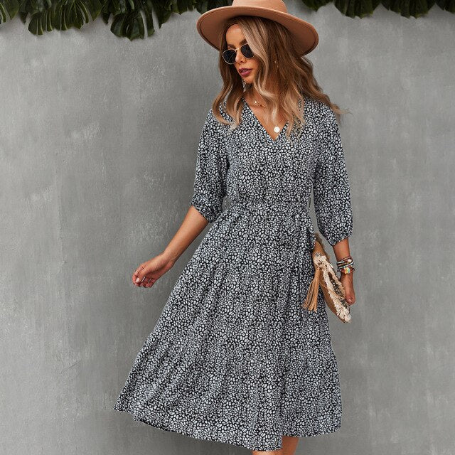 Fashionable Women's Dress 2021 Waist Slim Fall Winter Big Swing Floral Print Dress Office Lady V Neck Long Dress With Belt Femme