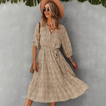 Load image into Gallery viewer, Fashionable Women&#39;s Dress 2021 Waist Slim Fall Winter Big Swing Floral Print Dress Office Lady V Neck Long Dress With Belt Femme