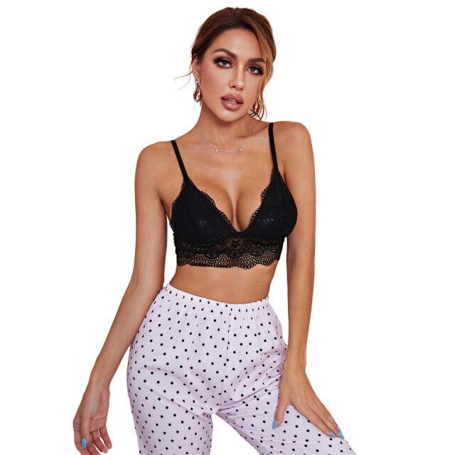 Fashon Lace Bralette Pant Suit Women's Nightwear Sexy Sleepwear Dot Print Pajamas Set Girls Summer Clothes