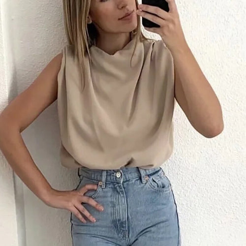 Female Chic Tops Summer Women Elegant Stand Collar Soft Shirts  Casual Fashion Ladies Solid Color Loose Blouses