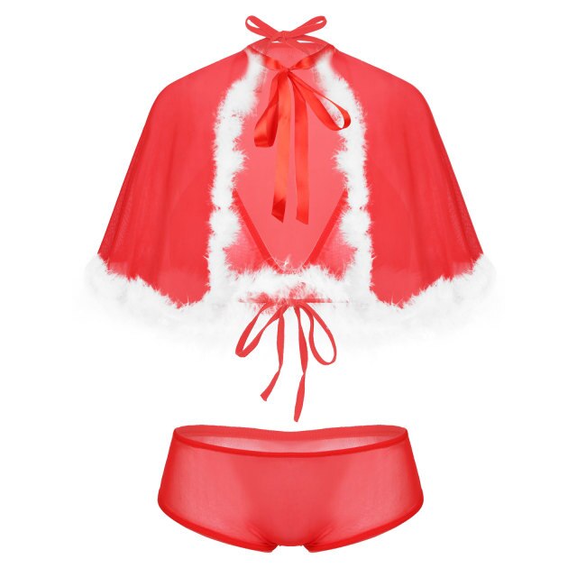 Female Christmas Lingeries Sets New Sexy Lace Bra Briefs and Cape Top Thong Underwear Suits Women Christmas Red Clothing Suit