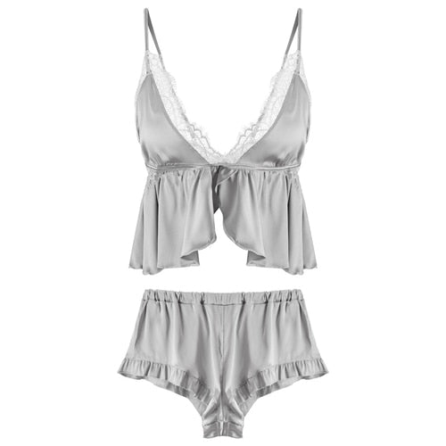Female Ice Silk Sexy Pajamas Set Solid Color Sling Tops and Shorts Women Sleepwear Two-piece Pajamas Underwear Set Pijama Mujer