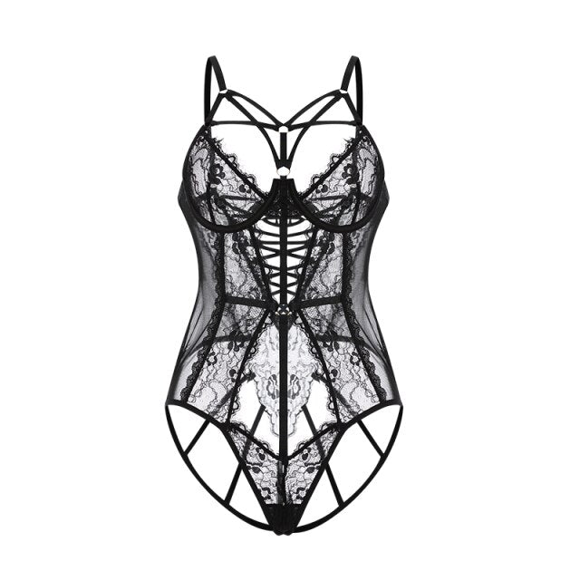 Female Lace Hollowed-out Temptation Lingerie Bodysuit Hot Perspective Crotchless Jumpsuit Uniform Set See Through Body Suits