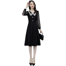 Load image into Gallery viewer, Female Lace Long Sleeve Patchwork V-Neck Button High Waist Plus Size Fashion Korean Slim Knee Length Dress Women Vestidos M-5XL