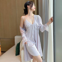 Load image into Gallery viewer, Female Sexy Silk Pajamas Silk Bathrobes Dress Nightgown Set Nightdress Lace Robes Homewear Clothing With Chest Pad