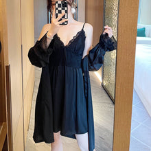 Load image into Gallery viewer, Female Sexy Silk Pajamas Silk Bathrobes Dress Nightgown Set Nightdress Lace Robes Homewear Clothing With Chest Pad