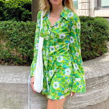 Load image into Gallery viewer, Female Shirt Dress Autumn Flower Print Turn-Down Collar Long Sleeve Dress for Ladies Green Yellow S M L XL