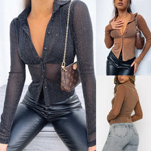 Load image into Gallery viewer, Female Shirt Solid Color Turn-Down Collar Long Sleeve Tops See-Through Blouse for Adults Women Black Brown