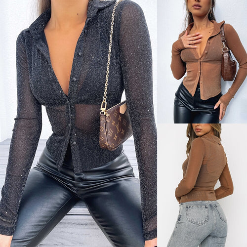 Female Shirt Solid Color Turn-Down Collar Long Sleeve Tops See-Through Blouse for Adults Women Black Brown
