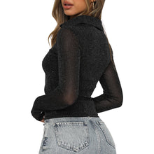 Load image into Gallery viewer, Female Shirt Solid Color Turn-Down Collar Long Sleeve Tops See-Through Blouse for Adults Women Black Brown