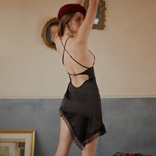 Load image into Gallery viewer, Female Sleepwear Summer Beveled Split Nightdress Lace Backless Spaghetti Strap Nightdress Silky Underwear Sleeping Dress