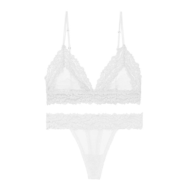 Femme Sex Lingerie Set Lace Transparent Bra Set Dot Mesh Bralette Women Push Up Brassiere T Back Panties Sets Backless V Neck