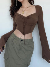 Load image into Gallery viewer, Fishbone Skinny Crop Top Women Spring Summer Vintage Flare Sleeve Drawstring Sexy T Shirt American Retro Bodycon Tee Y2K Clothes