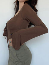 Load image into Gallery viewer, Fishbone Skinny Crop Top Women Spring Summer Vintage Flare Sleeve Drawstring Sexy T Shirt American Retro Bodycon Tee Y2K Clothes