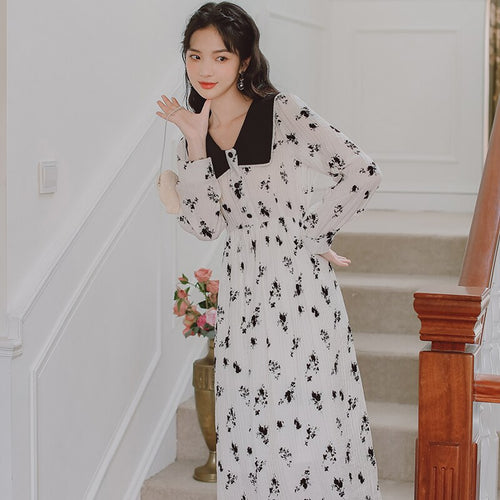 Flocking Floral Dress Elegant Female Design Sense V-neck Sweet Retro Vestido Midi Fall Women Korean Casual One-Piece Dresses
