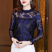 Load image into Gallery viewer, Flocking Lace Tops New 2021 Autumn Long Sleeve Hollow Out Women&#39;s T-Shirt Elegant Slim Female Shirt Blusas