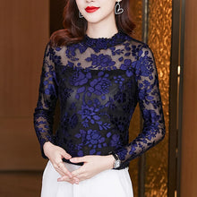Load image into Gallery viewer, Flocking Lace Tops New 2021 Autumn Long Sleeve Hollow Out Women&#39;s T-Shirt Elegant Slim Female Shirt Blusas