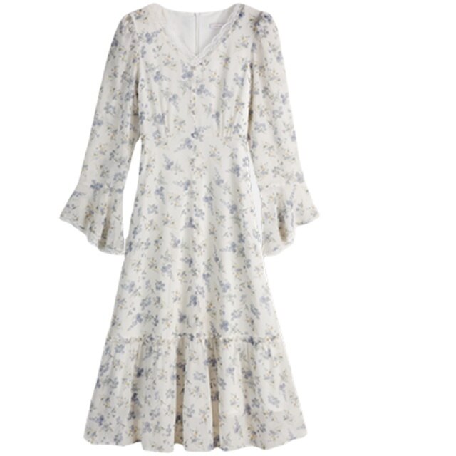 Floral Beach Evening Party Midi Dresses Women Lace Print Sweet Korean Casual Elegant Dress Long Sleeve Boho Sundress Summer 2021